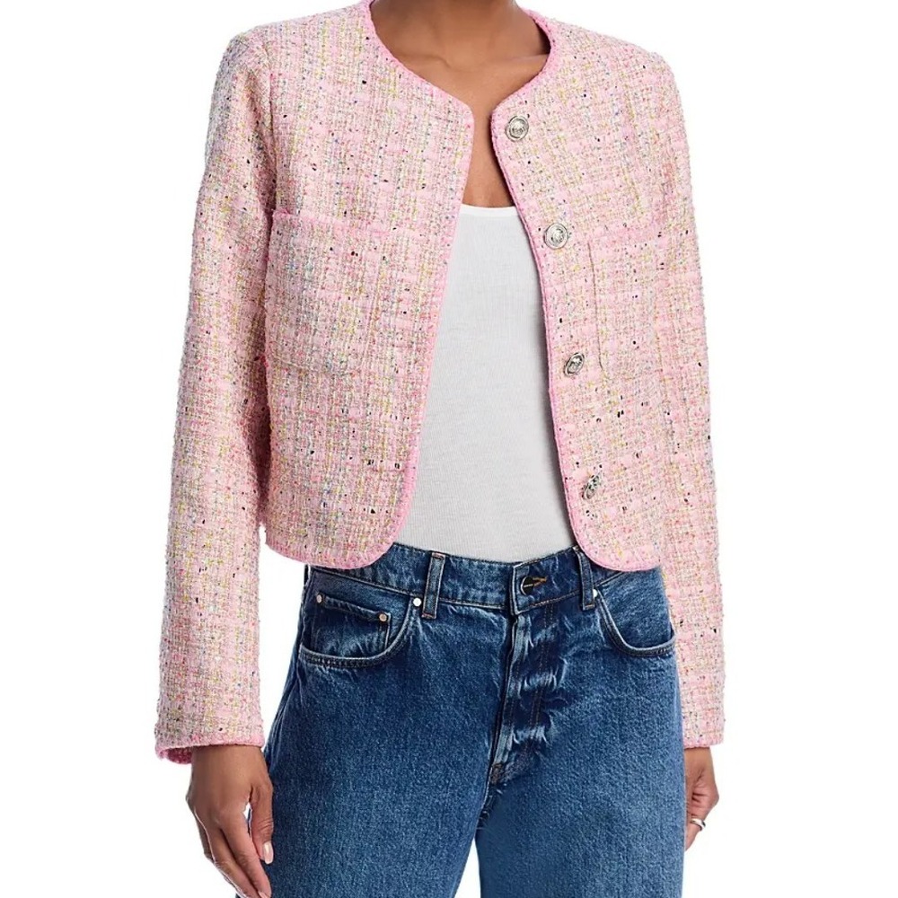 AQUA Pink Tweed Bouclé Jacket XS Gold Buttons Sparkle Cropped Preppy